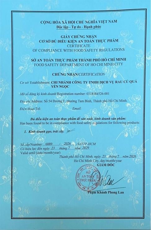 Giấy chứng nhận cơ sở đủ điều kiện an toàn thực phẩm