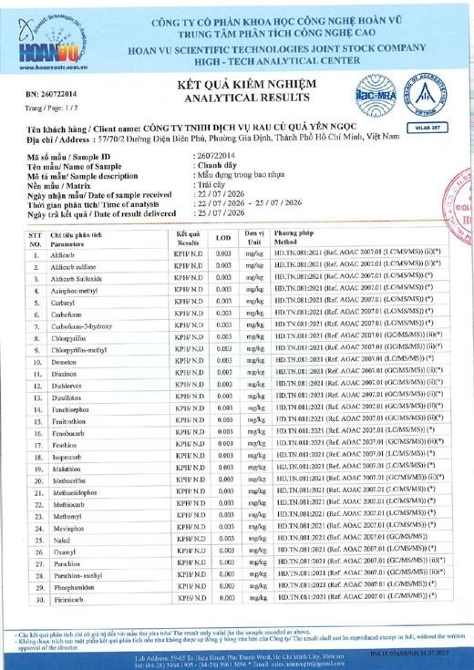 Phiếu kết quả kiểm nghiệm Chanh dây