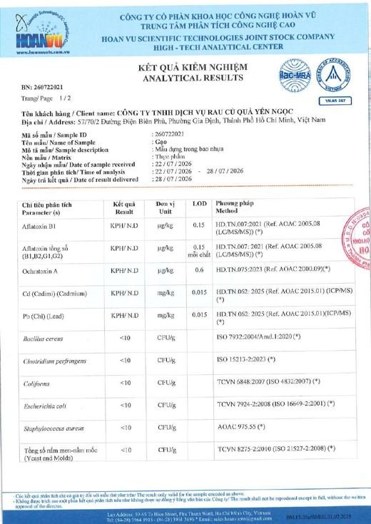 Phiếu kết quả kiểm nghiệm Gạo