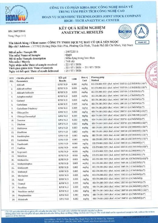 Phiếu kết quả kiểm nghiệm Quýt